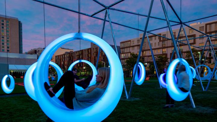 “Swing Time” is an interactive installation on Lawn on D, a park in South Boston.