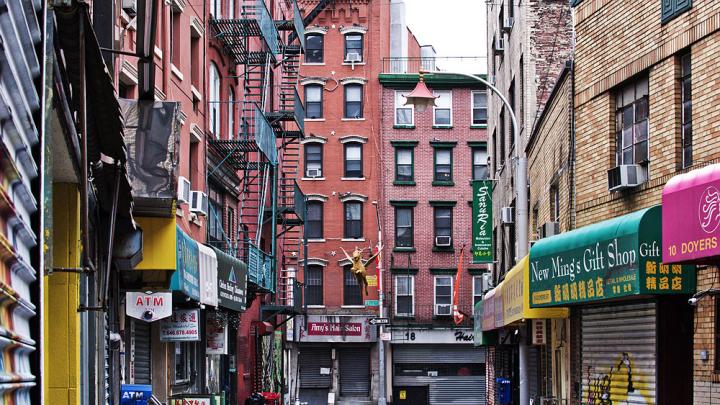 Photograph of vacant streets and closed shops and restaurants in Manhattan's Chinatown