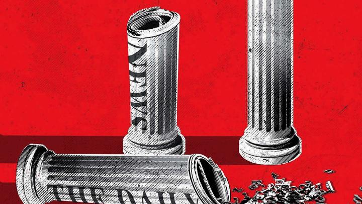 Illustration showing Greek pillars to represent democracy made from rolled newspapers. One of the pillars has tipped over and spilled a jumble of letters. 