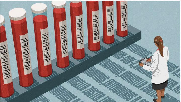 Illustration of a woman in a lab coat studying shadows cast by vials of blood, each shadow a readout indicating the presence of a past exposure to a specific pathogen.