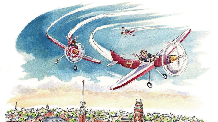 Cartoon showing student pilots flying airplanes above Harvard's campus