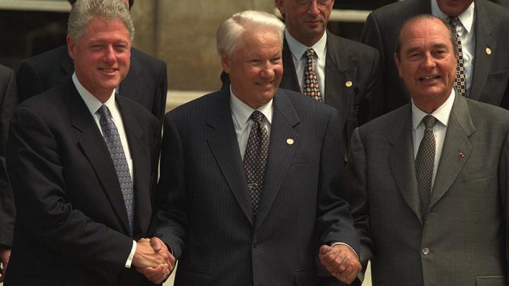 Clinton with Boris Yeltsin and Jacques Chirac, May 27, 1997, in Paris