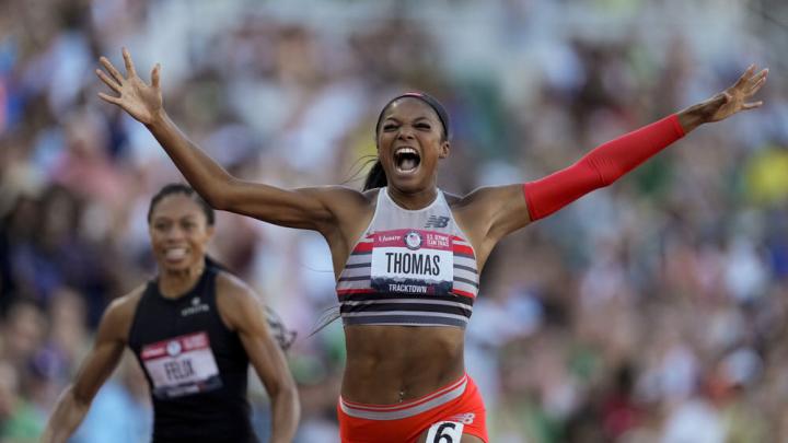Gabby Thomas winning the 200-meter run at the U.S. Olympic Track and Field Trials.