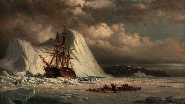 Masted ship stuck in the ice 
