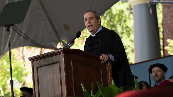 President Lawrence S. Bacow speaking at Commencement May 26, 2022