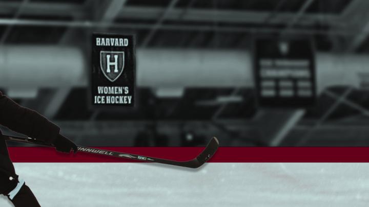 Montage of hockey player in ice rink, with Harvard's women's hockey insignia over it
