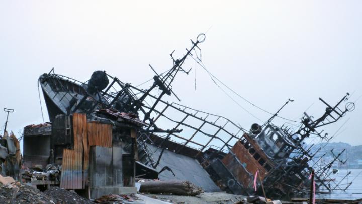 A burned ship in the port city of Kesennuma, which was particularly hard hit by the March 11 earthquake, tsunami, and resulting fires