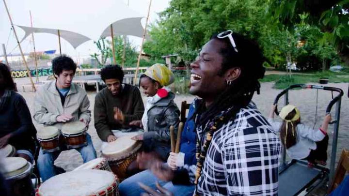 Receiving a drumming lesson in Berlin