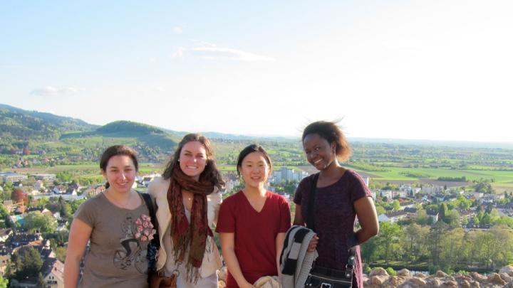 Sasha Mironov ’13, Colby Wilkason ’13, Esther Lee ’13, and Rose Nyameke ’14, members of the inaugural Harvard College Europe Program class, at Staufen, a town near Freiburg, Germany