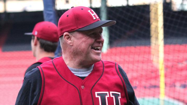 Coach Walsh in a photograph taken on April 9 <a href="http://harvardmagazine.com/2012/04/harvard-at-fenway-100-years-later"> at a Harvard baseball practice at Fenway Park, part of the Red Sox centennial celebration</a>