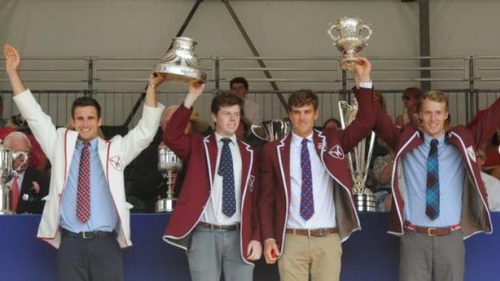 Winning oarsmen (left to right)  James O’Connor, Josh Hicks, Charles Risbey, and Andrew Holmes celebrate.