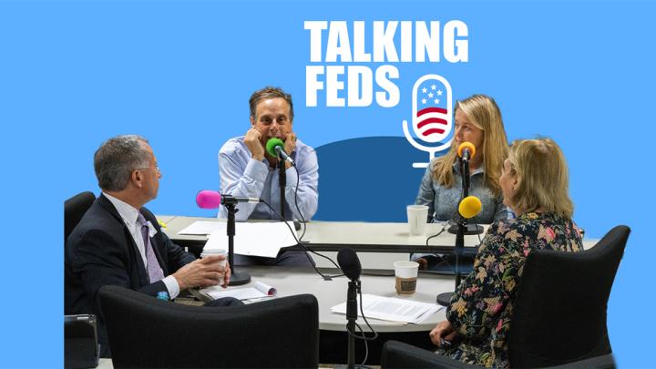 Paul Fishman, Harry Litman, Amy Jeffress, and Jamie Gorelick record an episode of the Talking Feds podcast.