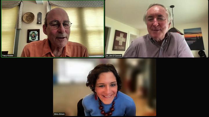 Screenshot of Tracy Kidder, Jim O'Connell, and Shira Simon