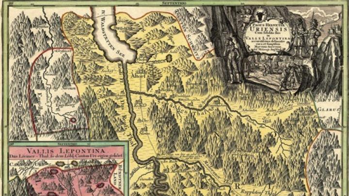 A work from the Harvard Map  Collection’s exhibit <em>Gleams of a Remoter World: Mapping the European Alps</em>