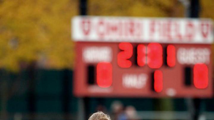 Soccer’s Lizzy Nichols ’10 uncorking one of her killer kicks. Though she’s a defensive specialist who plays center back, Nichols has a knack for free kicks and penalty kicks, and ice water in her veins.