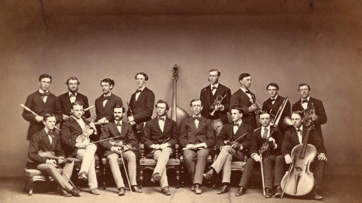 In 1871, the Pierian Sodality, 16 strong, posed with their instruments.