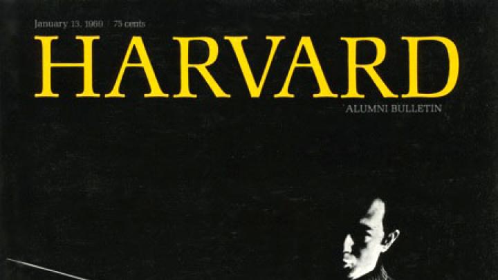 Conductor James Yannatos on the cover of the <em>Harvard Alumni Bulletin</em> of January 1969.