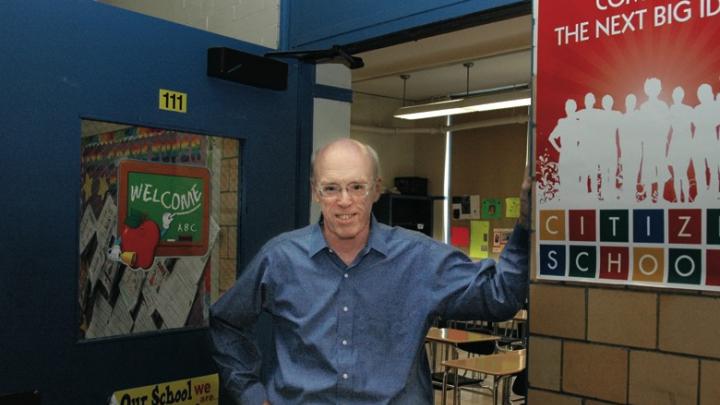 Volunteer Tony Helies at the Edwards Middle School in Charlestown, Massachusetts, where he teaches astronomy and advanced math