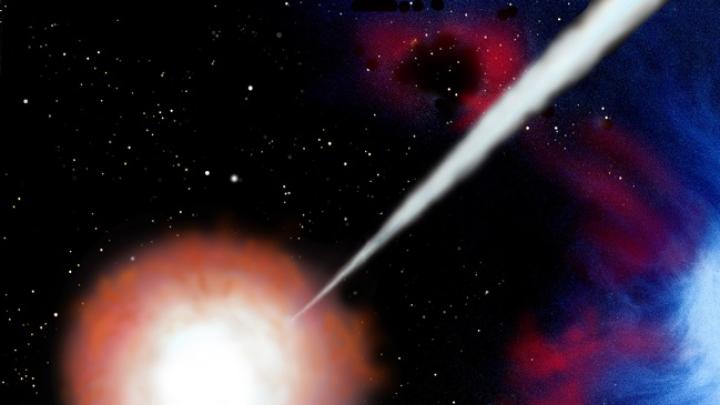 Gas jets punch out of the collapsing star and blast into space, producing gamma rays that can be detected billions of light years away.  
