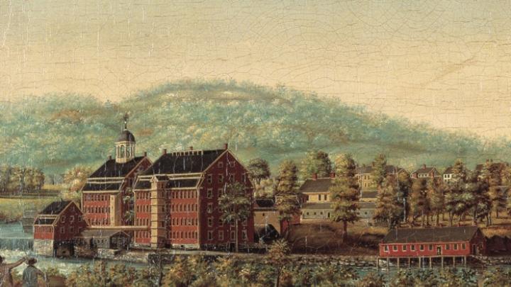 A detail of <em>Boston Manufacturing Company Waltham Mills,</em> painted by Elijah Smith circa 1825, shows the textile mill opened by Lowell’s company.