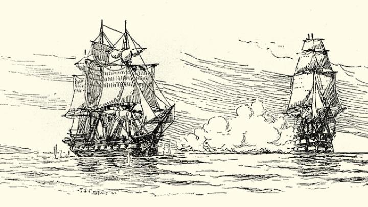  HMS <em>Leopard</em> firing on the USS <em>Chesapeake</em> on June 22, 1807, to enforce a demand that the American ship submit to a search for British Navy deserters