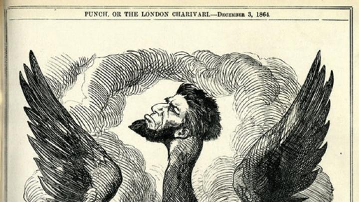 A December 1864 John Tenniel illustration for <em>Punch,</em> depicting the miraculously reelected Lincoln as “The  Federal Phoenix,” while his country, the Constitution, and habeas corpus go up in flames