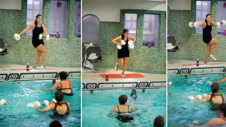 Murdock Stenis leads an aqua aerobics class at the Malkin Athletic Center pool; water offers 12 times the resistance of air. 