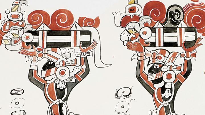 A detail from a watercolor of a figure and glyph from San Bartolo, Guatemala, at the Peabody Museum.