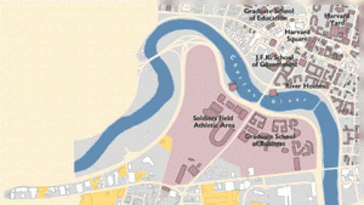 The Allston porperties that have been purchased since 1988, shown here in bright yellow, point to a new frontier for the University to the south and west of the Business School.