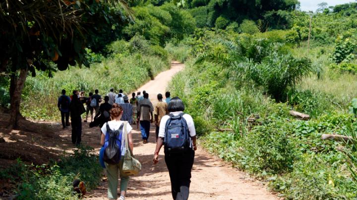 The students and a group of farmers walk along a road to a cacao farm in Bonsaaso district, a part of the UN Millennium Villages Project.