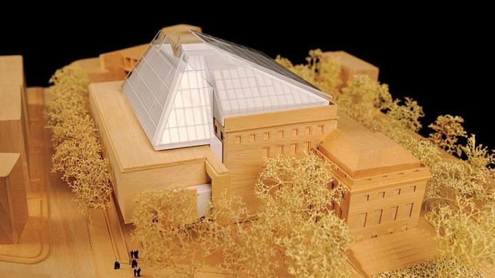 A model of the new museum building as seen from Broadway