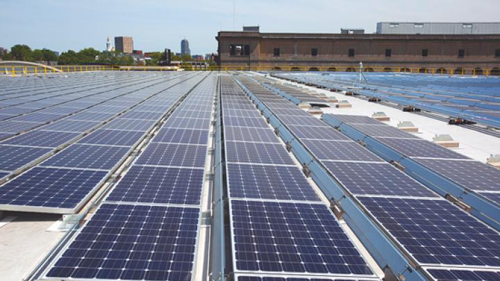 The solar array installed atop the Gordon Indoor Track offers 591.5 kilowatts of clean-energy capacity.