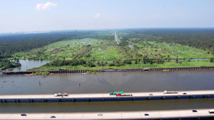 An aerial image of the Bonnet Carré Spillway, a large flood-control structure outside New Orleans that was the subject of a thesis by Travis Bost, M.Des.S. ’12  