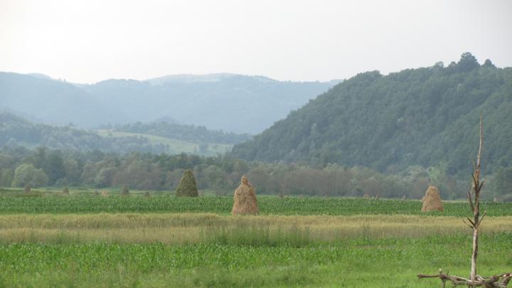 Crop fields and haystacks in Romania.