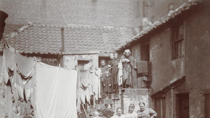 <i>Social Settlements: Great Britain, Scotland. Glasgow. “Queen Margaret College Settlement”: Queen Margaret College Settlement, Anderston, Glasgow, Scotland: Rear Tenements, Clyde St.,</i> c. 1908. Gelatin silver print.