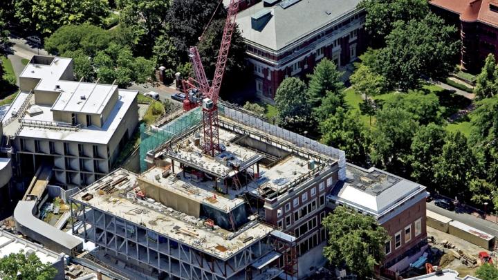 This view of the Fogg Art Museum, taken in mid summer, shows the new structure being inserted in the original Quincy Street façade.