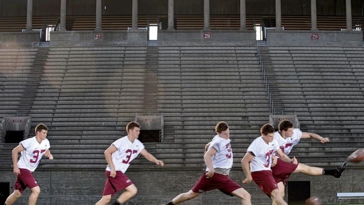 In Harvard Stadium, David Mothander practices a kickoff, using the ubiquitous &ldquo;soccer-style&rdquo; kicking technique. Scroll down for a <a href="#placekick">video.</a></p> 