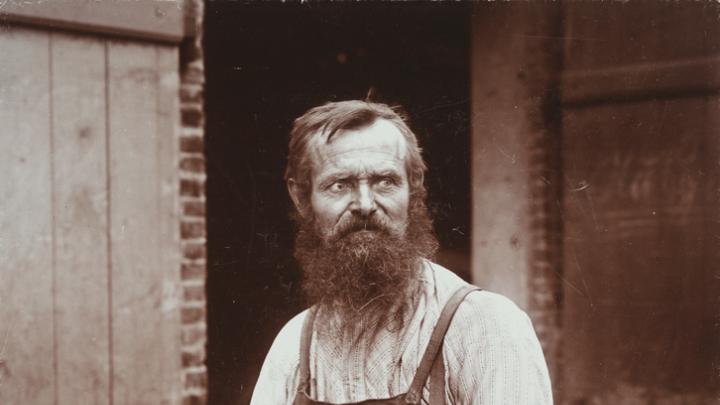 Waldemar Frans Herman Titzenthaler, <i>Industrial Problems, Types of Working People: Germany. Blacksmith; Cooper; Boiler-Maker; Stone-Dresser; Toy-Maker; Washwomen; Marketwomen: Types of German Workmen: Copper, </i> 1900. Glossy collodion silver print