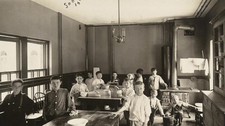 <i>Social Settlements: United States. Massachusetts. Boston. South End House: South End House, Boston, Mass.: Vacation School 1907: Boys’ Cooking Class, </i>1907. Gelatin silver print.