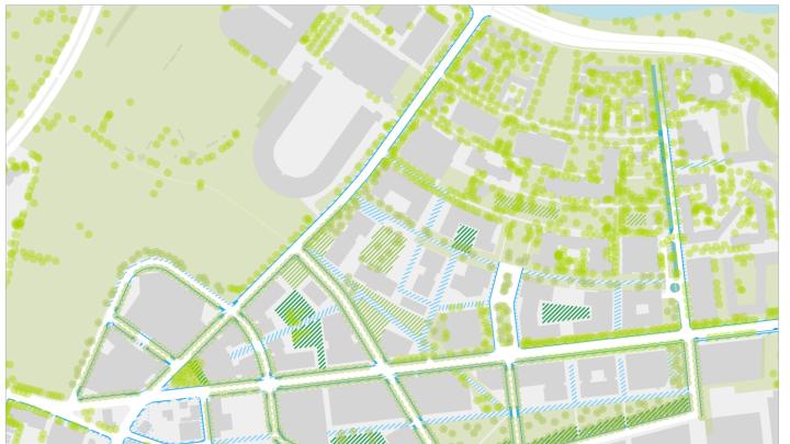 Harvard's long-term landscap-concept plan also shows pedestrian walkways and the envisioned “urban forest“ canopy.