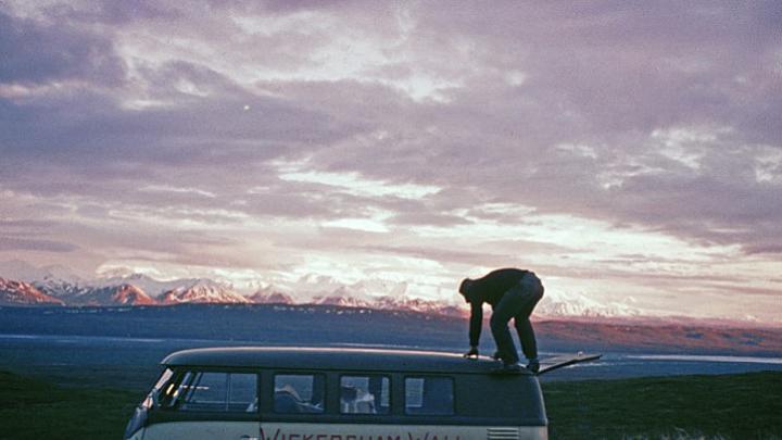 On June 18, at the first sight of Mount McKinley near Wonder Lake, Alaska, Peter Carman climbed atop the team's VW Microbus for a better look.