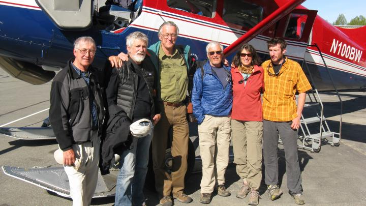 At a June 2013 reunion in Talkeetna, Alaska, four of the climbers gathered to commemorate the 50-year anniversary of their historic climb. From left: David Roberts, Richard Millikan, John Graham, and Peter Carman of the original 1963 team, along with Carman’s wife, Suellen, and son, Tobey. 
