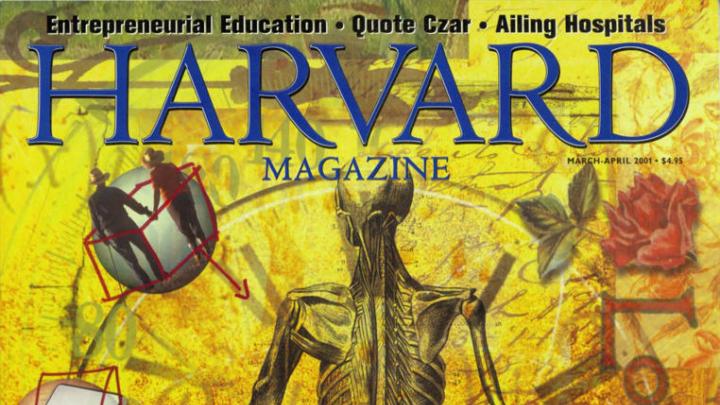 The cover from the March-April 2001 issue of Harvard Magazine with an illustration depicting an anatomical drawing of a human surrounded by the different contributions to aging well, or not.