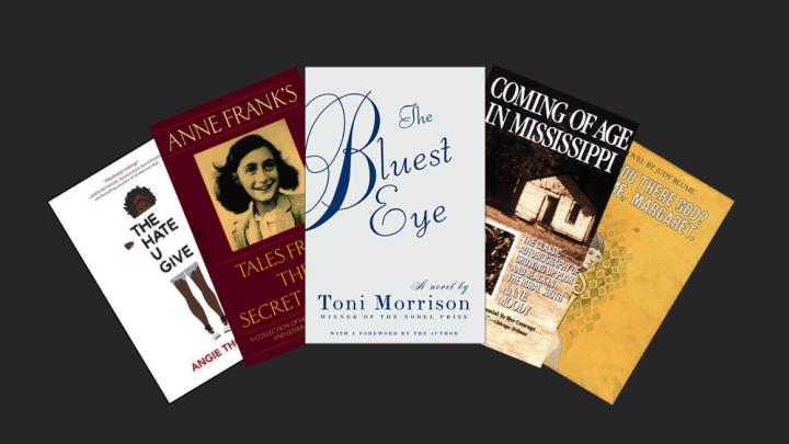 Book jackets for "The Hate U Give," "The Diary of Anne Frank," "The Bluest Eye," "Coming of Age in Mississippi," and "Are You There, God? It's Me, Margaret"
