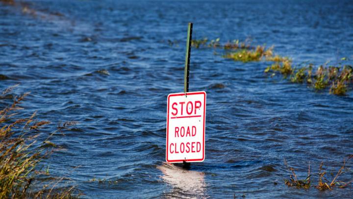 A traffic sign with the words "Stop Road Closed" submerged in several feet of water