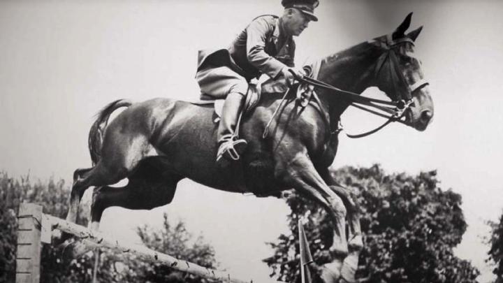 Vintage photographs of horses and riders in motion depict the disciplined nature of equestrian sports.