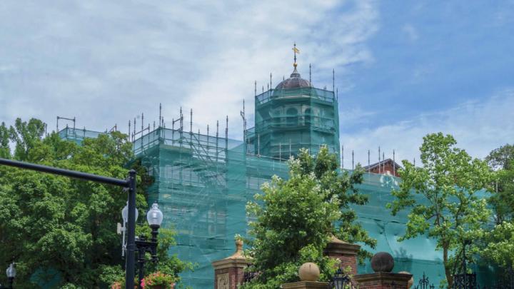Photograph, renovating Harvard Hall, shown in protective construction wrapping