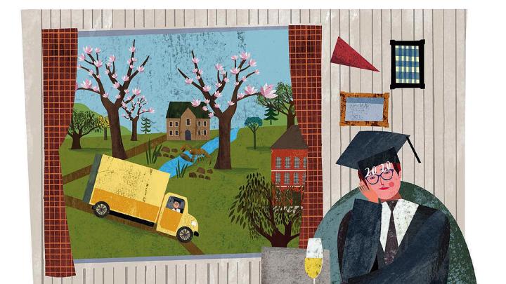 Colorful composite drawing of the author, dressed in cap and gown, at home in Cambridge, with scenes of blossoming trees and a yellow moving truck visible through the window. 