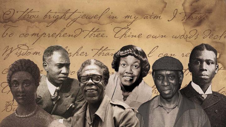 Composite illustration of African American poets Phillis Wheatley, Melvin B. Tolson, Dudley Randall, Gwendolyn Brooks, Yusef Komunyakaa, Paul Laurence Dunbar