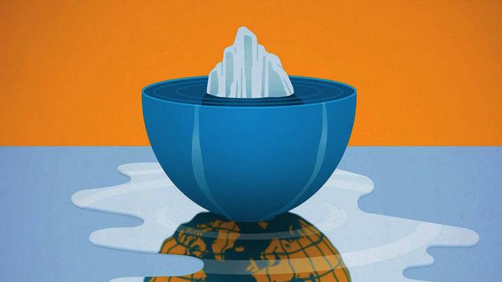 Illustration of ice melting and spilling out of a bowl